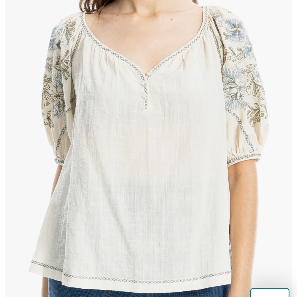 Max Studio Cream Blouse with Blue and Green Embroidery